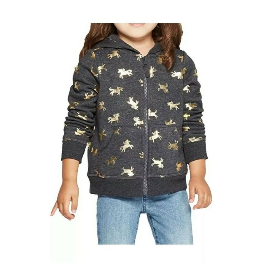 Cat & Jack TODDLER 3T Girl Gray/Gold Unicorn Hoodie Sweater with pockets